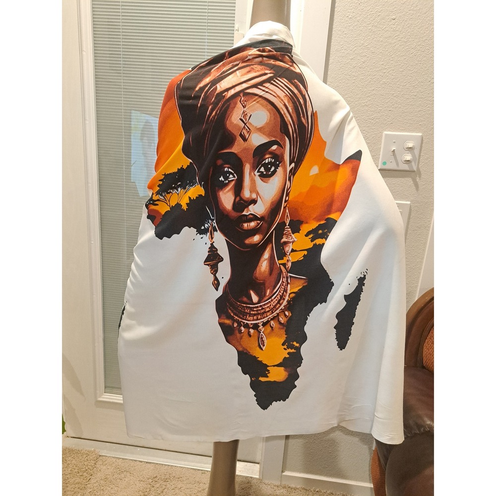 African Queen Continent Graphic Print Scarf White Orange Fringed Shawl Wrap